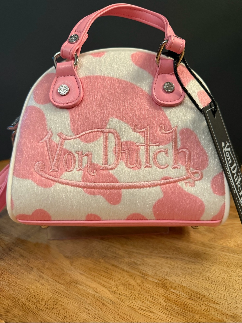 Von Dutch Pink & White Cow Print Mini Satchel